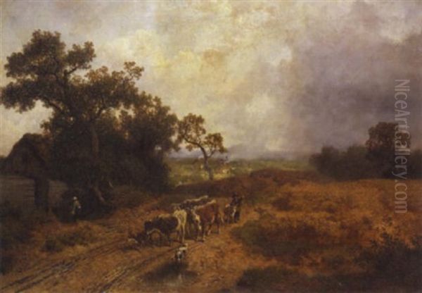A Peasant Herding Cows On A Country Road In An Extensive Landscape - view 1