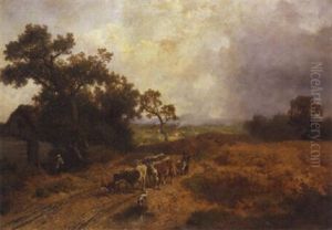 A Peasant Herding Cows On A Country Road In An Extensive Landscape by Max Zimmermann