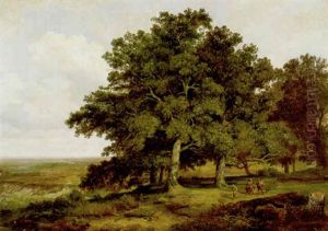 Eichenbaumgruppe Mit Bauern Vor Einer Weiten Landschaft by Max Zimmermann