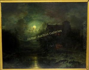 House And Figures By Moonlight In River Landscape