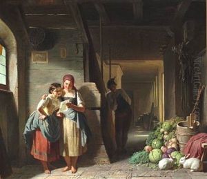 Two Girls Standing In A Scullery Reading A Letter, While A Lad Is Standing In The Background Eavesdropping by Reinhard Sebastian Zimmermann