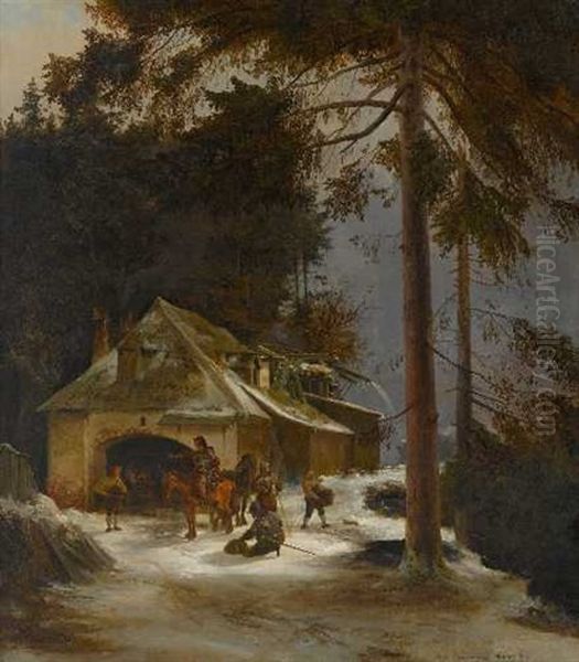 Ritter Zu Pferd Vor Einer Schmiede In Winterlichem Wald - view 1