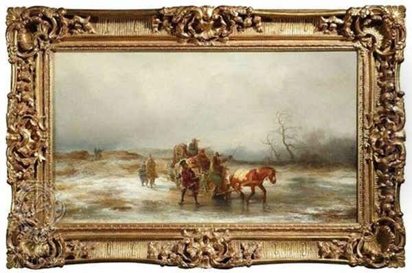 Gauklerfamilie Mit Pferdeschlitten In Winterlicher Landschaft - view 1