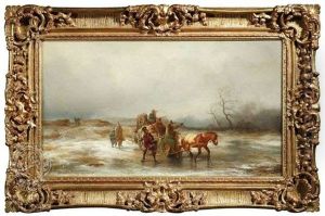 Gauklerfamilie Mit Pferdeschlitten In Winterlicher Landschaft