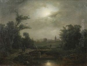 Fluslandschaft Bei Vollmond Mit Frau Und Kind Auf Einer Brucke Zu Einem Dorf