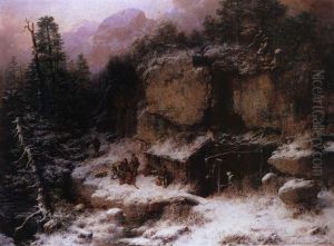 Auf Der Jagdhutte Im Gebirge by Richard Zimmermann