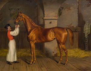 Rennpferd Im Stall Mit Ungarischem Pferdehirten by Theodor Franz Zimmermann