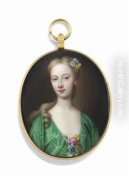 A Young Lady In Green Dress With Flowers At Corsage And In Her Hair - view 1