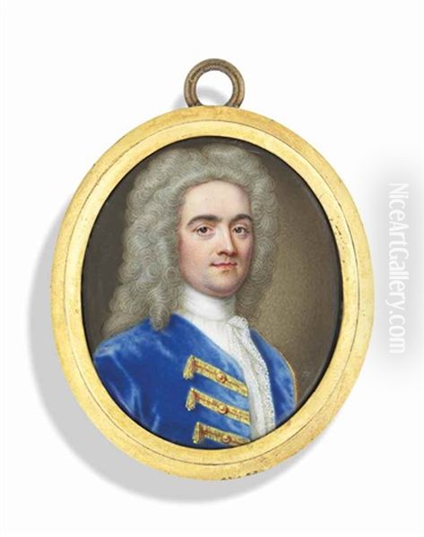 A Gentleman, In Blue Coat With Gold Frogging, Powdered Wig - view 1