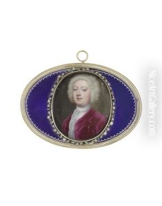 A Gentleman, Wearing Crimson Coat, White Chemise, Lace Cravat And Stock, Short Curled Powdered Wig by Christian Friedrich Zincke