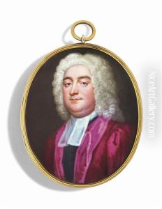 A Cleric, In Raspberry Red And Black Robes, White Bands, Powdered Curling Wig