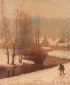 Paysan Pres Du Village Enneige by Jules Emile Zingg