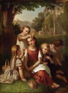 Spielende Kinder In Fruhlingslandschaft Mit Kaninchen by Josef Zink