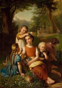 Spielende Kinder In Fruhlingslandschaft Mit Hasen Und Schmetterlingen by Josef Zink