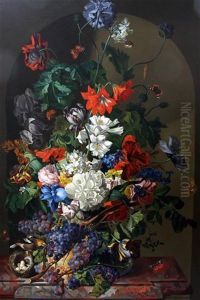 Still Life Of Flowers, Fruit, Butterflies And Birds Nest Upon A Marble Ledge