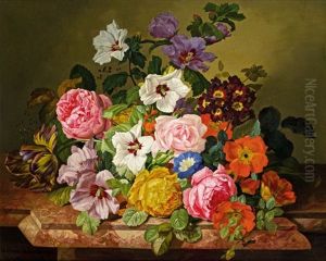 Stillleben Mit Rosen, Malven, Primel Und Tulpe Stillleben Mit Rosen, Malven, Primel Und Tulpe