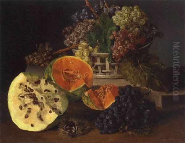 Grapes In A Basket With Melons And Horses Chesnuts Alongside - view 1
