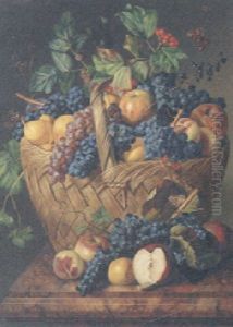 Grapes, Apples And Pears In A Basket With Berries And Butterflies On A Marble Ledge Grapes, Apples And Pears In A Basket With Berries And Butterflies On A Marble Ledge