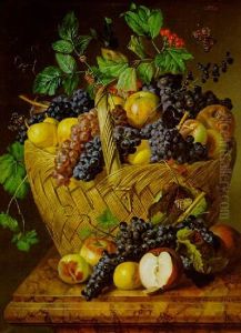Groser Fruchtekorb Mit Schmetterlingen, Auf Einem Marmortisch Prasentiert Groser Fruchtekorb Mit Schmetterlingen, Auf Einem Marmortisch Prasentiert