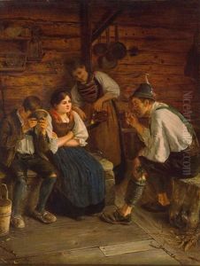 Landliches Interieur Mit Bauern In Tracht Und Zwei Dirndln Landliches Interieur Mit Bauern In Tracht Und Zwei Dirndln