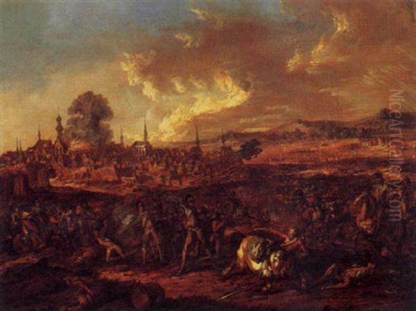 A Cavalry Skirmish With A Burning Town Beyond - view 1
