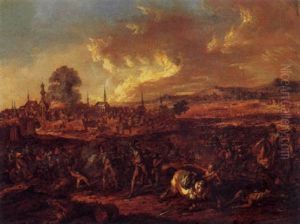A Cavalry Skirmish With A Burning Town Beyond by Benjamin Zix