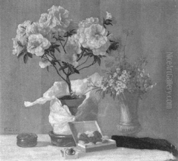 Stilleben Mit Feldblumenstraus, Handschuhen, Brosche In Kastchen Und Weiteren Geschenken - view 1