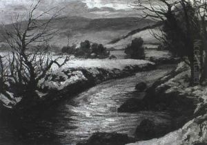 Schwabische Alblandschaft Im Winter (melancholischer Blick  Auf Einen Bachlauf Inmitten Schneebedeckten Felder...) by Ferdinand Zix