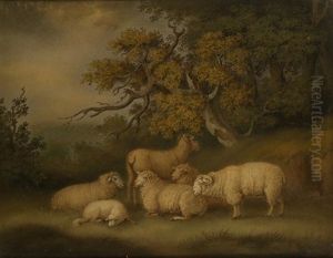 A 'marmotinto' Sand Painting Of Six Sheep In A Woodland Landscape