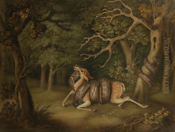 A 'marmotinto' Sand Painting Of A Python Constricting A Deer In A Woodland Landscape - view 1