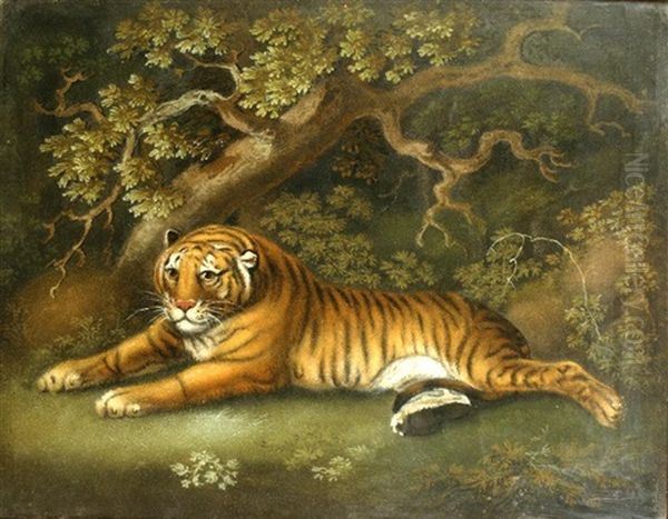A 'marmotinto' Sand Painting Of A Recumbent Tiger In A Woodland Landscape - view 1