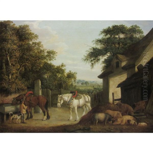Horses And Pigs In A Farmyard - view 1