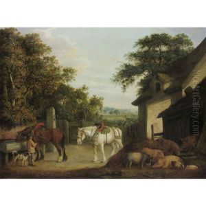 Horses And Pigs In A Farmyard