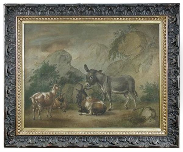 A Donkey With Goats In A Landscape - view 1