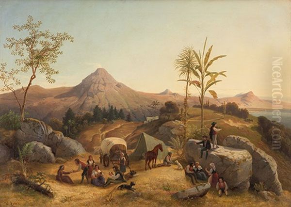 Stromboli - Rastende Zigeuner Mit Pferd Und Planwagen Am Fusse Des Vulkans - view 1