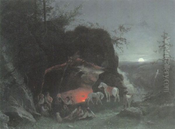 Vor Einer Hohle Lagernde Zigeuner Am Offenen Feuer - view 1
