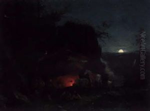 Travellers Resting Near In Moonlight by Wilhelm Zobus