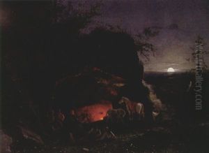 Rastende Zigeuner In Abendlicher Mondscheinlandschaft by Wilhelm Zobus