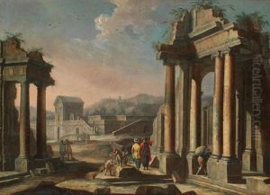 Architectural Capricci With Figures Amongst Classical Ruins by Giuseppe Zocchi