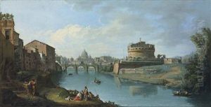 The Tiber River, Rome, Looking Towards The Castel Sant'angelo, With Saint Peter's Basilica Beyond by Giuseppe Zocchi