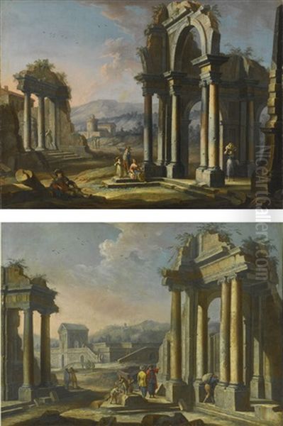 Architectural Capricci With Figures Among Classical Ruins: A Pair - view 1