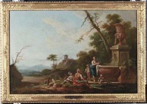 Scena Campestre Con Contadini Presso Una Fontana Veduta Costiera Con Contadini Presso Un Monumento (pair) by Giuseppe Zocchi