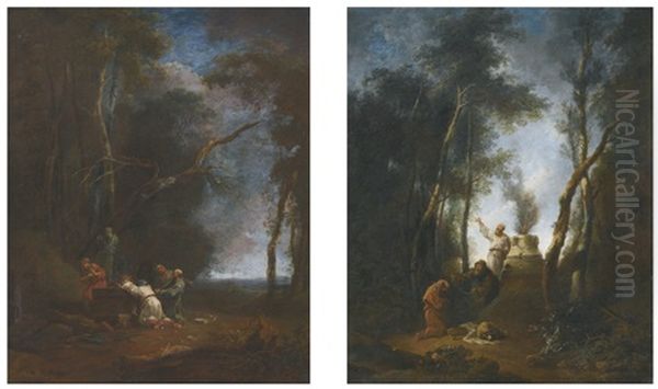 Scene Of Sacrifice In A Forest Clearing; Scene Of Sacrifice With A Lamb And A Man Holding Chains (pair) - view 1