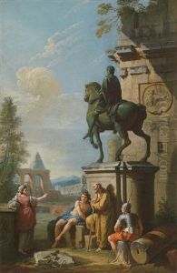 Landschaft Mit Figuren Bei Einem Reiterstandbild