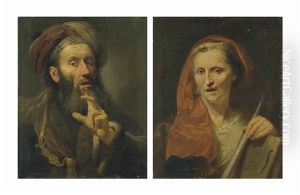A Bearded Man, Bust-length, In A Fur-lined Coat And Turban, With A Gold Strap; And An Old Woman, Bust-length, In A Brown Embroidered Robe And Inscribed Sash And Head Band, Holding A Scroll And A Staff