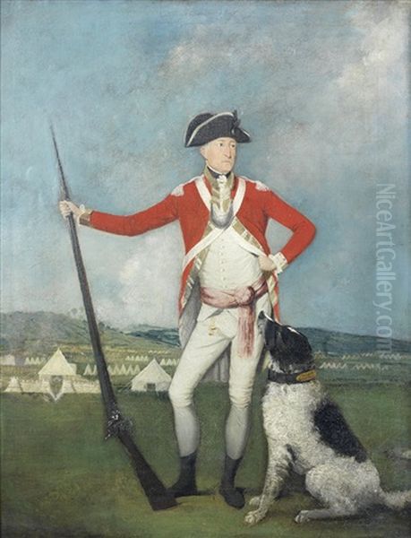 Portrait Of A Gentleman, Full-length, In Red Uniform, Standing Before An Army Encampment, A Hound At His Feet - view 1