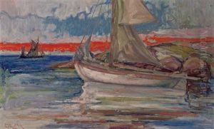 A Sailing Boat Moored In A Quiet Inlet by Emil Karl Zoir