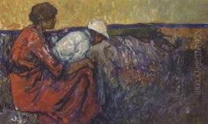 At The Close Of Day. Ungt Par I Landskab, I Baggrunden Havet by Emil Karl Zoir