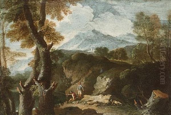 An Extensive Landscape With Anglers On The Shores Of A Lake - view 1