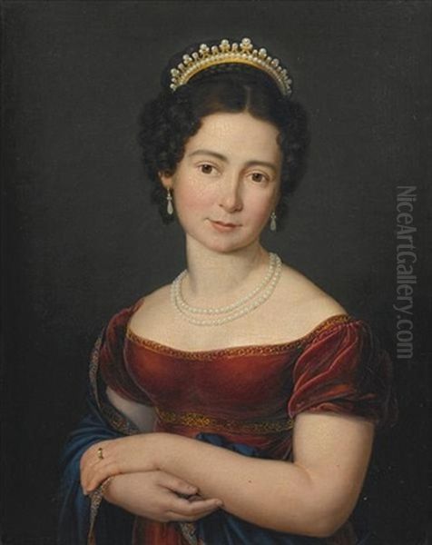 Portrait Of Marie Luise Victoire Prinzessin Von Sachsen-coburg-saalfeld, Later Of Leiningen And Then Duchess Of Kent In A Red Dress With A Blue Shawl, With A Pearl Necklace And A Tiara - view 1
